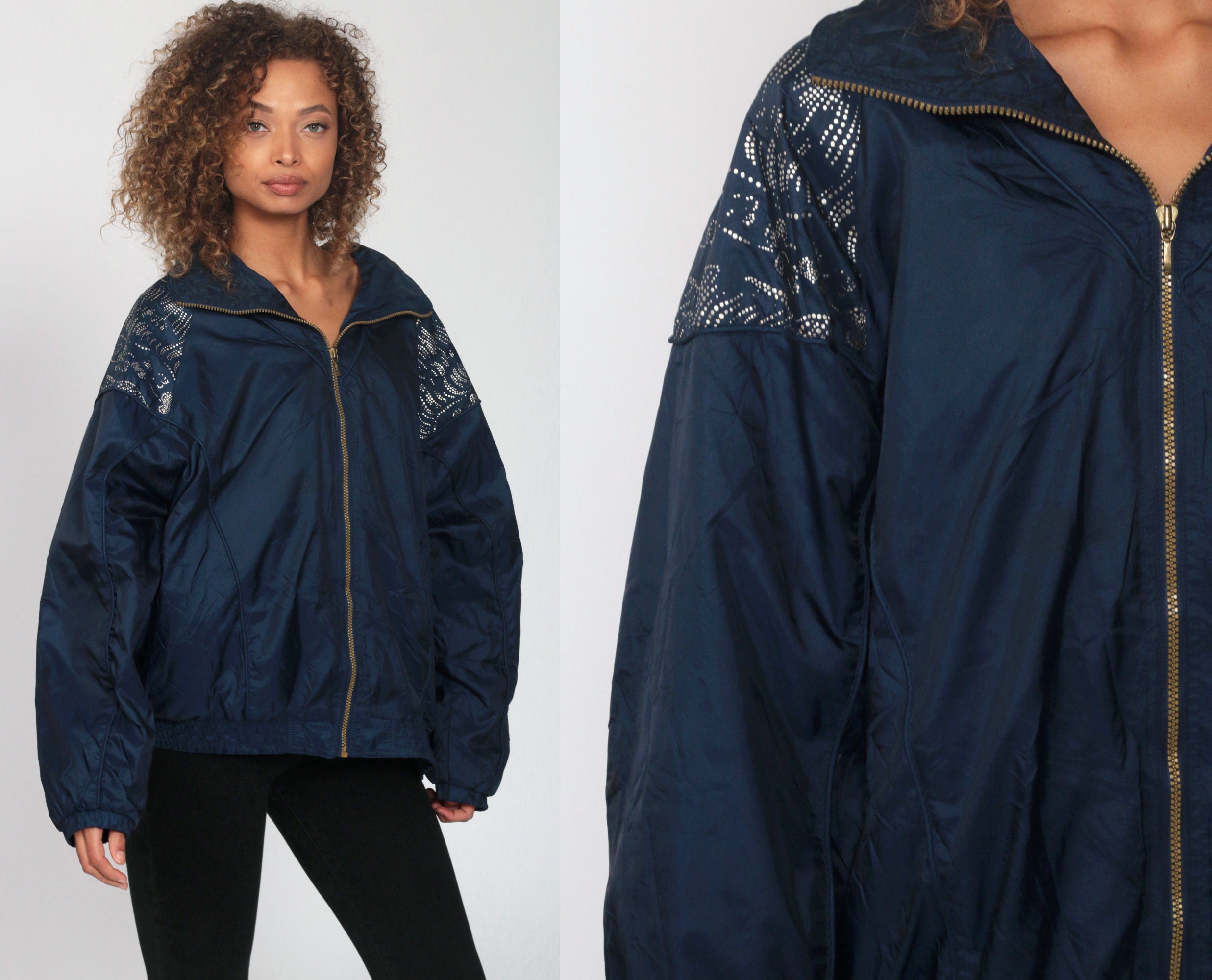 Shiny Blue Windbreaker Size 90s Navy Jacket - Etsy