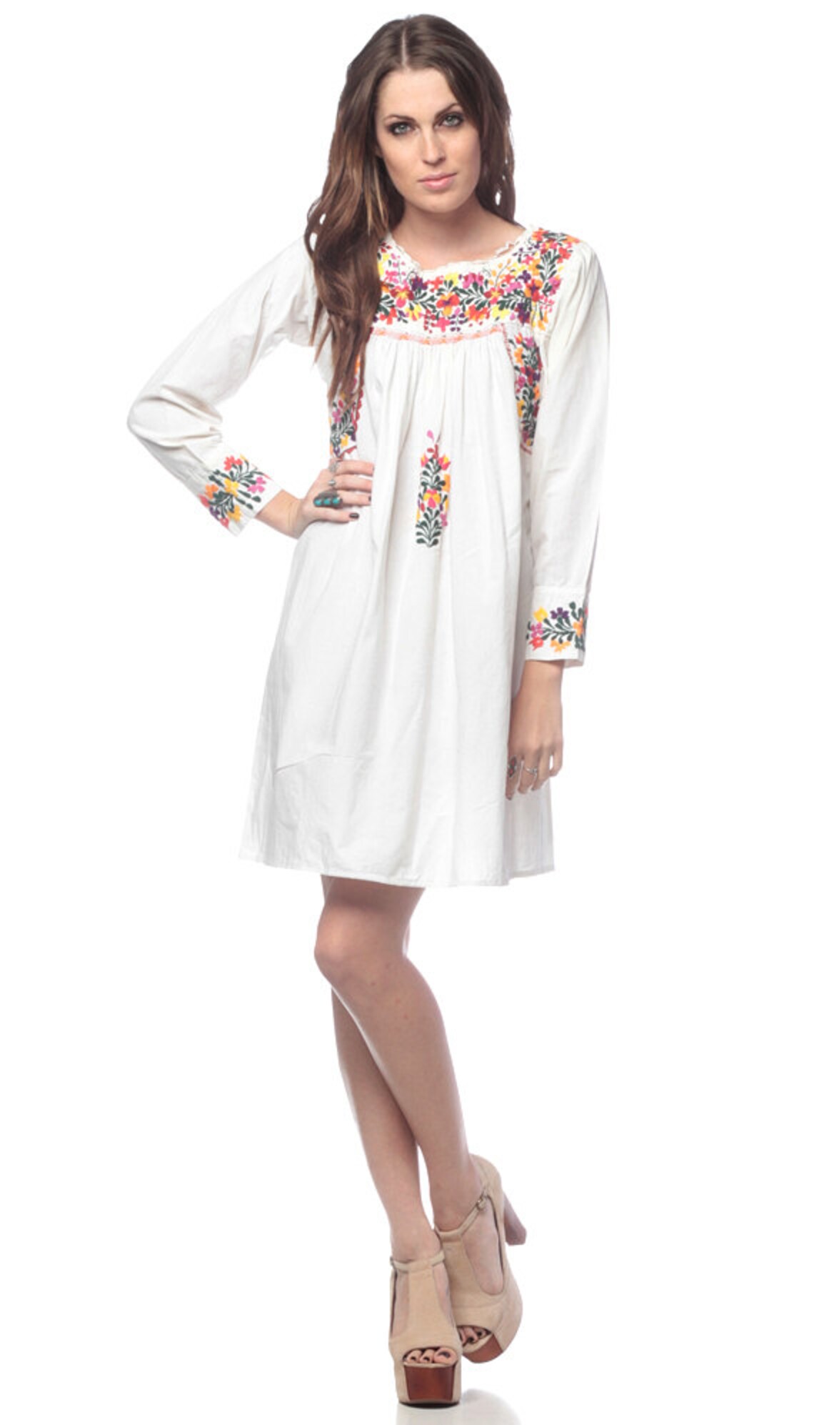 OAXACAN Embroidered Dress Mexican Mini 70s Long Sleeve White Etsy