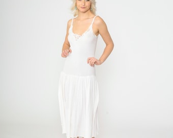 Vestido camisero de algodón de los años 90, camisón midi con ribete de encaje blanco, cintura baja, dobladillo con borde en forma de lechuga, lencería vintage, tirantes finos pequeños