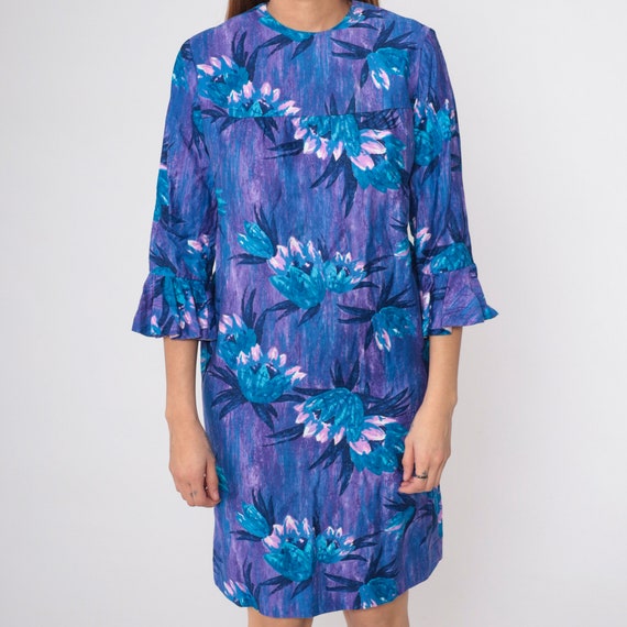 60s Hawaiian Mini Dress Blue Purple Tropical Flor… - image 9
