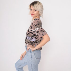 90s Animal Print Tshirt Abstract Tiger Stripe Top Short Cuffed Sleeve Blouse V Neck Black Taupe Retro Vintage 1990s Petite Small S image 5