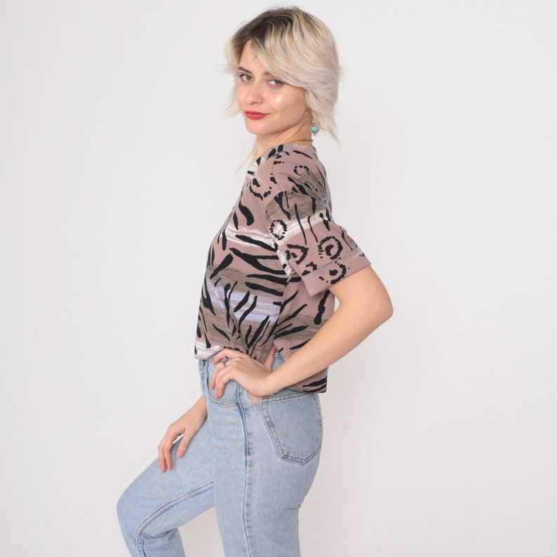 90s Animal Print Tshirt Abstract Tiger Stripe Top Short Cuffed Sleeve Blouse V Neck Black Taupe Retro Vintage 1990s Petite Small S image 5