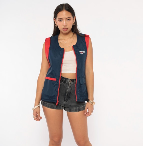 90s Reebok Vest Navy Red Zip Front Sleeveless Windbreaker Puffer Gilet Colorblock Athletic Sportswear Streetwear Embroidered Vintage Large L