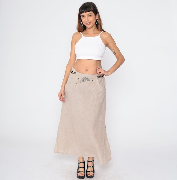 Leopard Safari Skirt 90s Animal Print Metallic Studded Maxi Hippie Long Tan Khaki Summer Pencil Pocket Skirt Vintage 1990s Large L