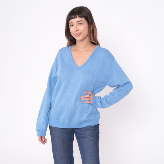 Light Blue Sweater 80s V Neck Knit Pullover Sweat… - image 2