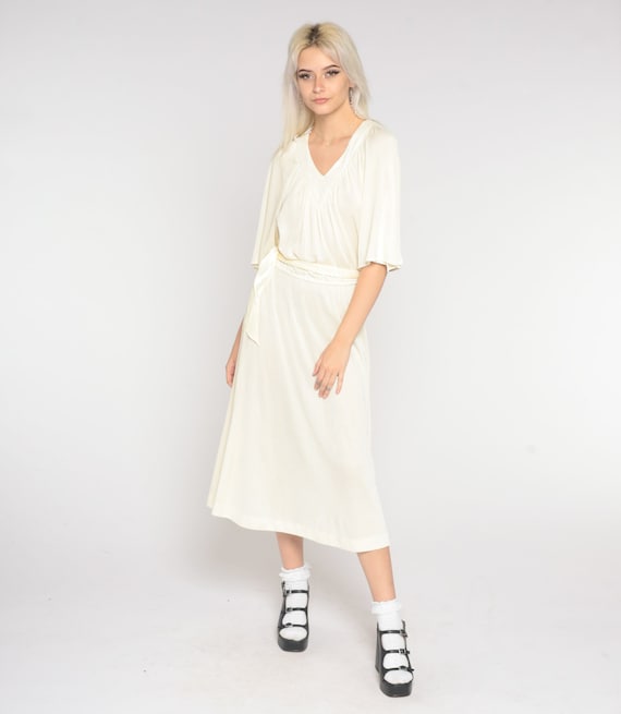 1970s Midi Dress Off-White Kimono Sleeve Dress V Neck Dress 70s GRECIAN Draped Plain Party High Waist Vintage Split Sleeve Small Medium