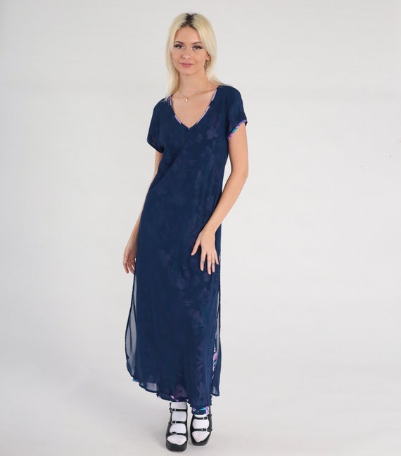 Chiffon Floral Dress 00s Dark Blue Floral Dress Maxi Y2K Vintage Sheath Bohemian V Neck Botanical Print Short Sleeve Small 6