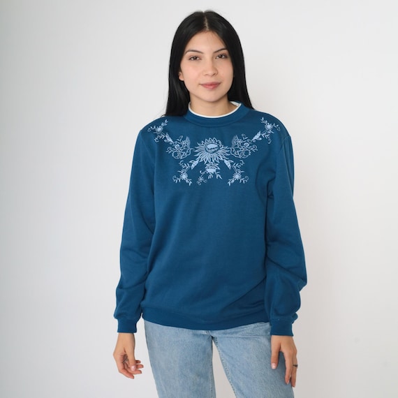 Y2K Floral Sweatshirt Blue Embroidered Flower Print Graphic Double Collar Crewneck Vintage 00s Blair Small Medium