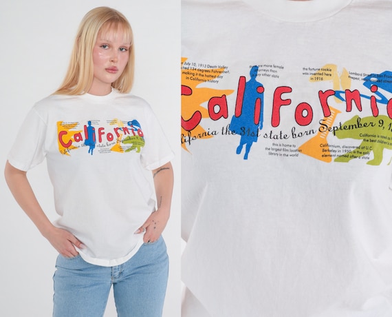 California T-Shirt 90s USA Shirt Golden State History Graphic Tee Shirt Travel US Tourist Tshirt Single Stitch White Vintage 1990s Medium M