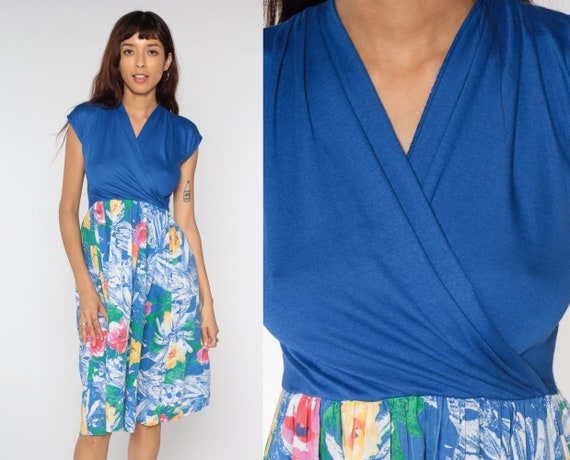 Floral Midi Dress 70s 80s Wrap Dress Blue Floral Cap Sleeve 1970s Vintage Tropical Dress V Neck Vacation Boho High Waisted Retro Small 4 P