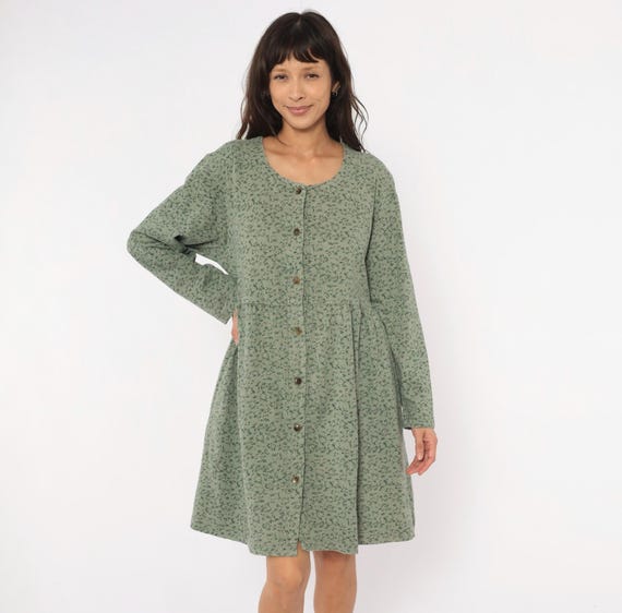 90s Sage Floral Button Front Dress Long Sleeve Cotton Prairie Gathered Waist Green Ditsy  Cottagecore Forest Leaf Vintage Womens Large L
