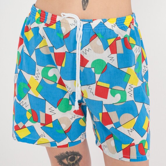 Vintage 80s Geometric Shorts Bright Blue Baggy Lounge Shorts Cotton Summer Shorts 90s Drawstring High Waist 1980s Medium Large