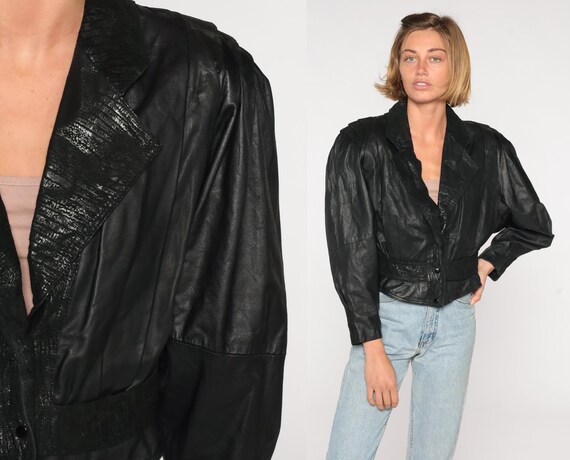 80s Leather Jacket Black Puff Sleeve Jacket Cropped Biker Motorcycle Jacket Moto 1980s Vintage Crop Coat Small S