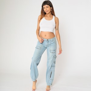 XOXO Cargo Jeans Y2K Baggy Jeans Low Rise Light Blue Denim Pants Straight Leg Boyfriend Streetwear Carpenter Vintage 00s Small 5/6