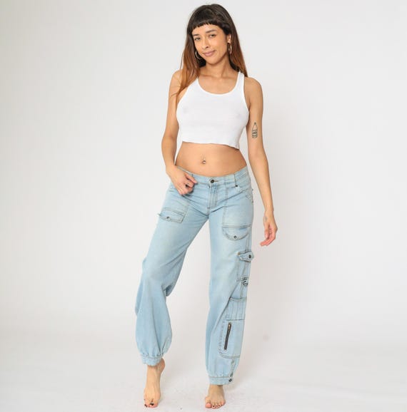XOXO Cargo Jeans Y2K Baggy Jeans Low Rise Light Blue Denim Pants Straight Leg Boyfriend Streetwear Carpenter Vintage 00s Small 5/6