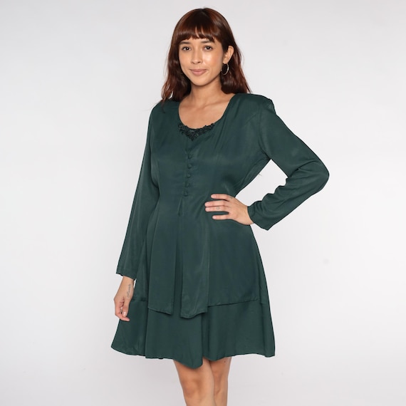 Forest Green Dress 90s Grunge Dark Academia Button Front Embroidered Neck Long Sleeve Tiered Skirt Be Smart Vintage Goth Preppy Medium M