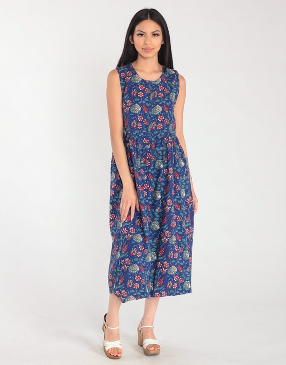 Laura Ashley Dress 90s Blue Indian Floral Midi Dress Cotton Wool Blend Button up Summer Day Retro Bohemian Sleeveless Vintage 1990s Small S