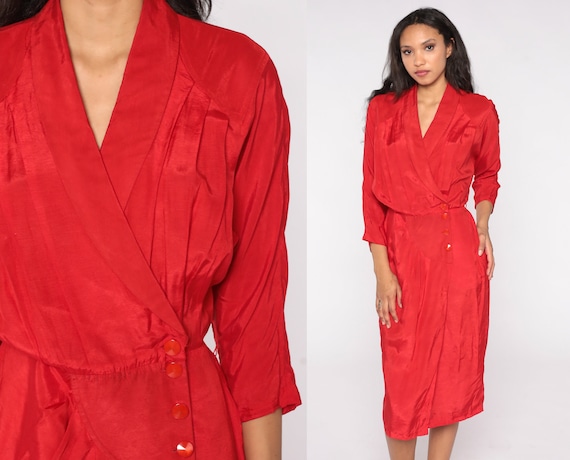 Red Wrap Dress 80s High Waisted Midi Dress 3/4 Sleeve V Neck Shawl Collar Button Up Plain Secretary 1980s Vintage Retro All That Jazz Medium
