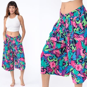 Baggy Floral Capri Pants 90s Tropical Cropped Culotte Pants High Waist Pants Casual Trousers Abstract Print Pants Purple Pink Vintage Medium