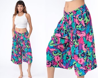 Baggy Floral Capri Pants 90s Tropical Cropped Culotte Pants High Waist Pants Casual Trousers Abstract Print Pants Purple Pink Vintage Medium