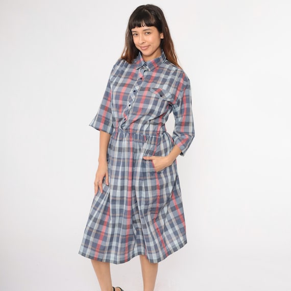 Vintage Plaid Shirt Dress 80s Button Up Midi Dress Blue Red Checkered Secretary Shirtdress High Waist 3/4 Sleeve 1980s Pocket Medium