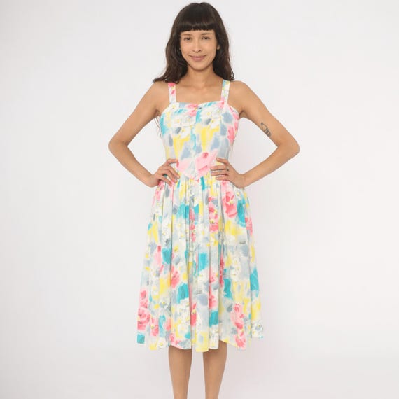 80s Watercolor Floral Sundress Sweetheart Neckline Basque Waist Pleated Cotton Fit Flare Pastel Pink  Blue Yellow Sleeveless Small S