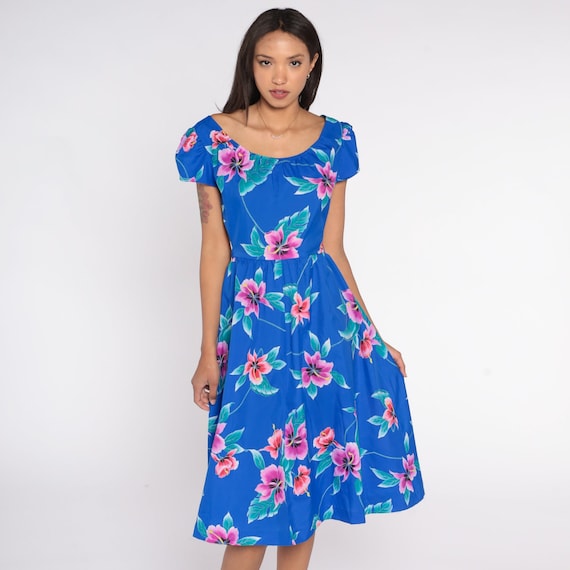 Tropical Floral Dress 80s Blue Hawaiian Open Back Midi Boho Keyhole Vintage 1980s Summer High Waisted Flower Print Cap Puff Sleeve Small S