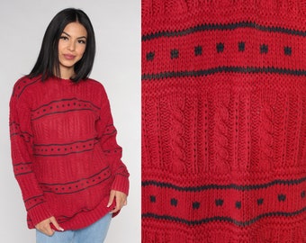Red Sweater 90s Cable Knit Pullover Sweater Black Striped Geometric Square Print Crewneck Jumper Cableknit Cotton Vintage 1990s Large L