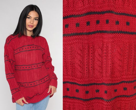 Red Sweater 90s Cable Knit Pullover Sweater Black Striped Geometric Square Print Crewneck Jumper Cableknit Cotton Vintage 1990s Large L