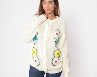 70s Vintage Embroidered Floral Cardigan: Ivory Knit Sweater Small