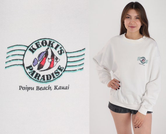 Hawaii Sweatshirt 90s Keoki's Paradise Sweater Poipu Koloa Tiki Bar Restaurant Fish Graphic Shirt Crewneck White Vintage 1990s Jerzees Large