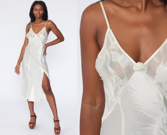 Satin Nightgown White Slip Dress Maxi Embossed Lac