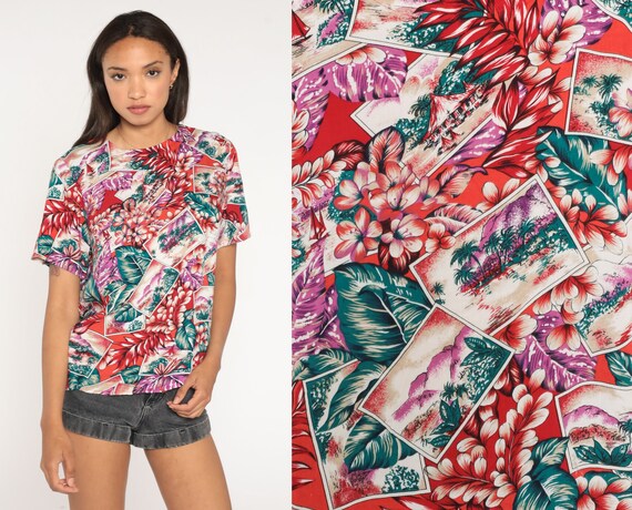 Hawaiian Shirt Red Tropical Island Shirt 80s Floral Blouse SURFER Shirt Beach Sea Ocean 1980s Short Sleeve Tiki Aloha Green Small S