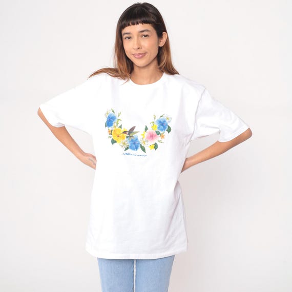 Y2K Hawaiian Floral Tee White Cotton Hibiscus Hummingbird Hawaii Shirt Wrangler Beach Tropical Paradise Vacation Summer Vintage Large L