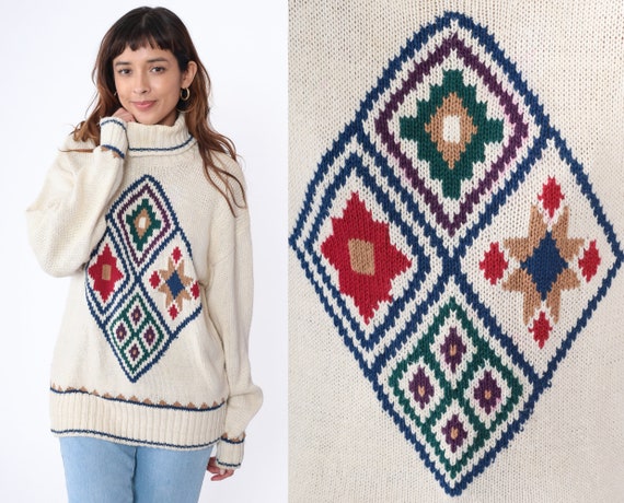 Geometric Turtleneck Sweater 90s Off-White Knit Southwest Sweater Print Pullover Jacquard Vintage Turtle Neck 1990s Liz Claiborne Medium