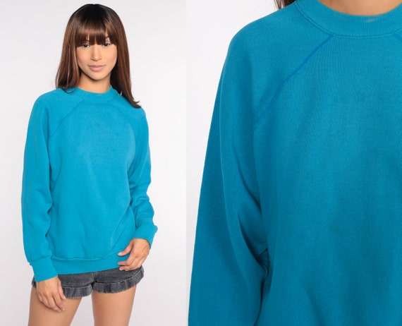 Raglan Sleeve Sweatshirt Turquoise Blue Crewneck Sweatshirt 80s Plain Blank Shirt Slouchy Vintage 1980s Sweat Shirt Extra Large xl l