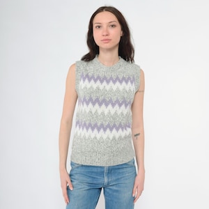 Vintage Striped Sweater Vest Top 80s Grey Wool Blend Knit Vest Zig Zag Sleeveless Vest Crewneck Nerd Lavender White 1980s Extra Small xs