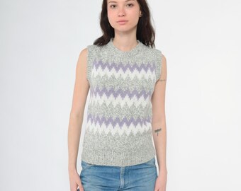 Vintage Striped Sweater Vest Top 80s Grey Wool Blend Knit Vest Zig Zag Sleeveless Vest Crewneck Nerd Lavender White 1980s Extra Small xs