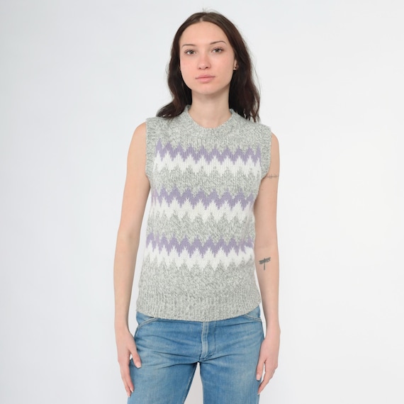 Vintage Striped Sweater Vest Top 80s Grey Wool Blend Knit Vest Zig Zag Sleeveless Vest Crewneck Nerd Lavender White 1980s Extra Small xs