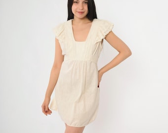 Vintage Cremefarbenes Prärie Kleid aus Spitze 70er Jahre Mini Babydoll Gehäkelte Flatterärmel Cottagecore 1970er Jahre Boho Empire Taille Boho Sommer Mittel Hoch