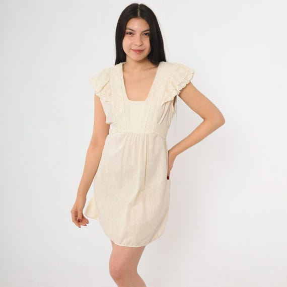 Vintage Cream Lace Prairie Dress 70s Mini Babydoll Crochet Flutter Sleeve Cottagecore 1970s Boho Empire Waist Bohemian Summer Medium Tall