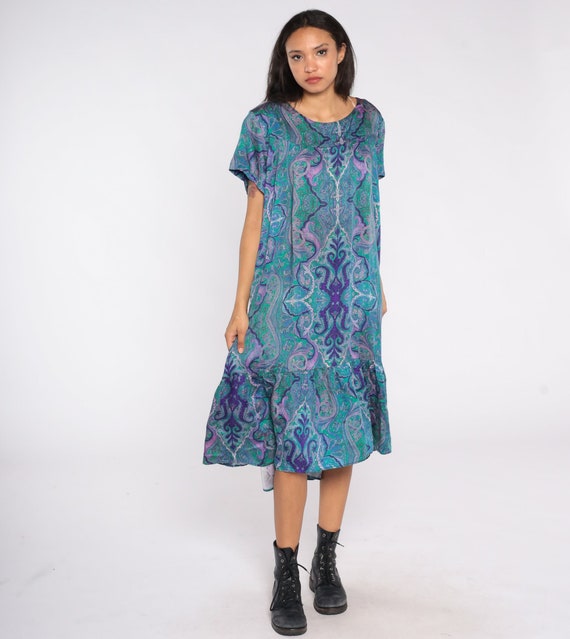 Psychedelic Tent Dress 80s Midi Blue Boho Dress Lounge Hippie Boho Dress Bohemian Vintage Short Sleeve Minidress Extra Large xl 2xl xxl