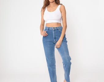 Blue Jeans 80s Lee Riders High Waisted Mom Jeans Tapered Leg Vintage 1980s Cotton Poly Blend Denim Pants Medium M 30