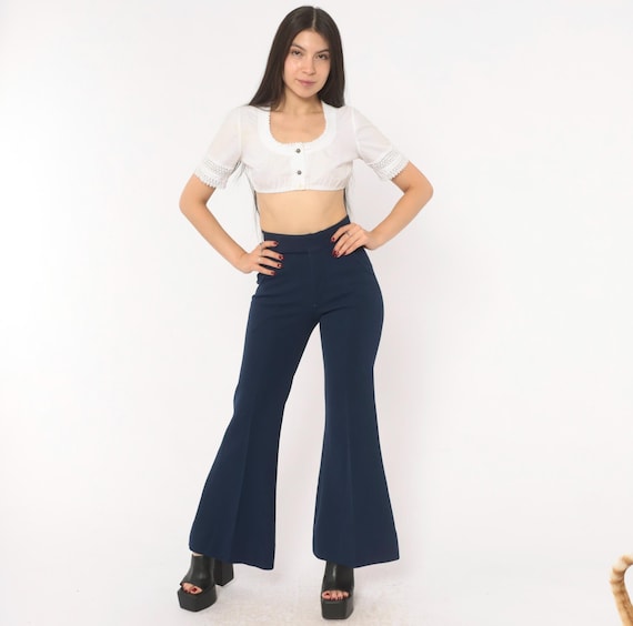 70s Navy Flare Pants High Waist Bell Bottom Trousers Oaxx Dark Blue Wide Leg Disco Slacks Fitted Hip Vintage Women Groovy Mod Extra Small XS