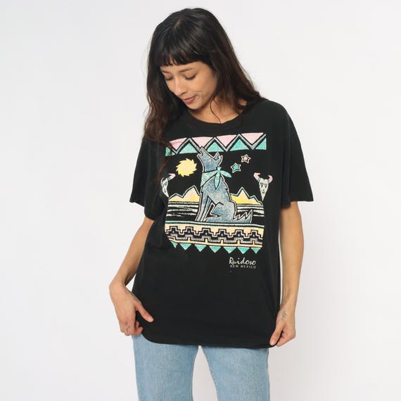 Southwestern Coyote Tee Howling New Mexico Ruidoso Tourist Sun Stars Black Skulls Geometric Short Sleeve Cotton Crew Neck Vintage Large L