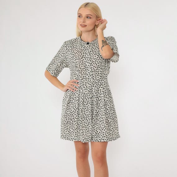 80s Floral Dress Lanz Originals Mini Button Up White Black Vintage Secretary Shirtwaist High Waisted Short Sleeve 1980s Retro Medium