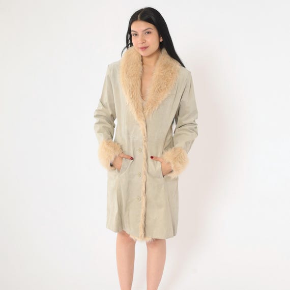 Y2K Suede Jacket Grey Leather Faux Fur Trim Penny Lane Jacket Hippie Retro Boho Button Up Festival Bohemian Vintage 00s Wilsons Medium
