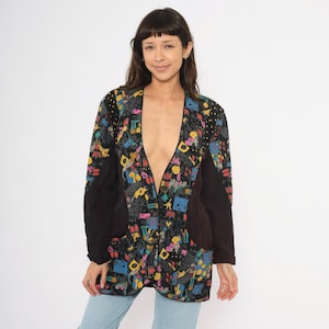 Blazer con estampado abstracto de grafiti de los 90, chaqueta colorida con cuello en V profundo, botones delanteros, manga larga, negro multicolor, abrigo artístico largo, talla mediana/grande