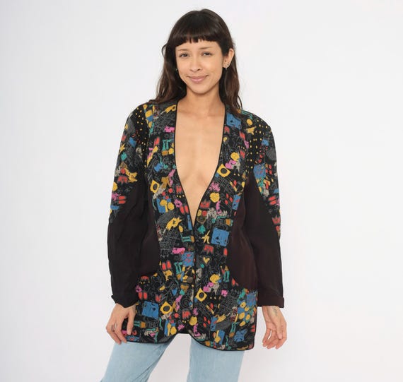 Abstract Graffiti Blazer 90s Colorful Print Jacket Deep V Neck Button Front Long Sleeve Black Multicolor Artistic Longline Coat Medium Large