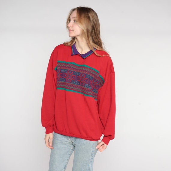 Vintage Red Collared Sweatshirt 80s Geometric Knit Print Sweatshirt Grunge Retro Preppy Sweater Slouch Hipster Pullover 1980s Extra Large xl